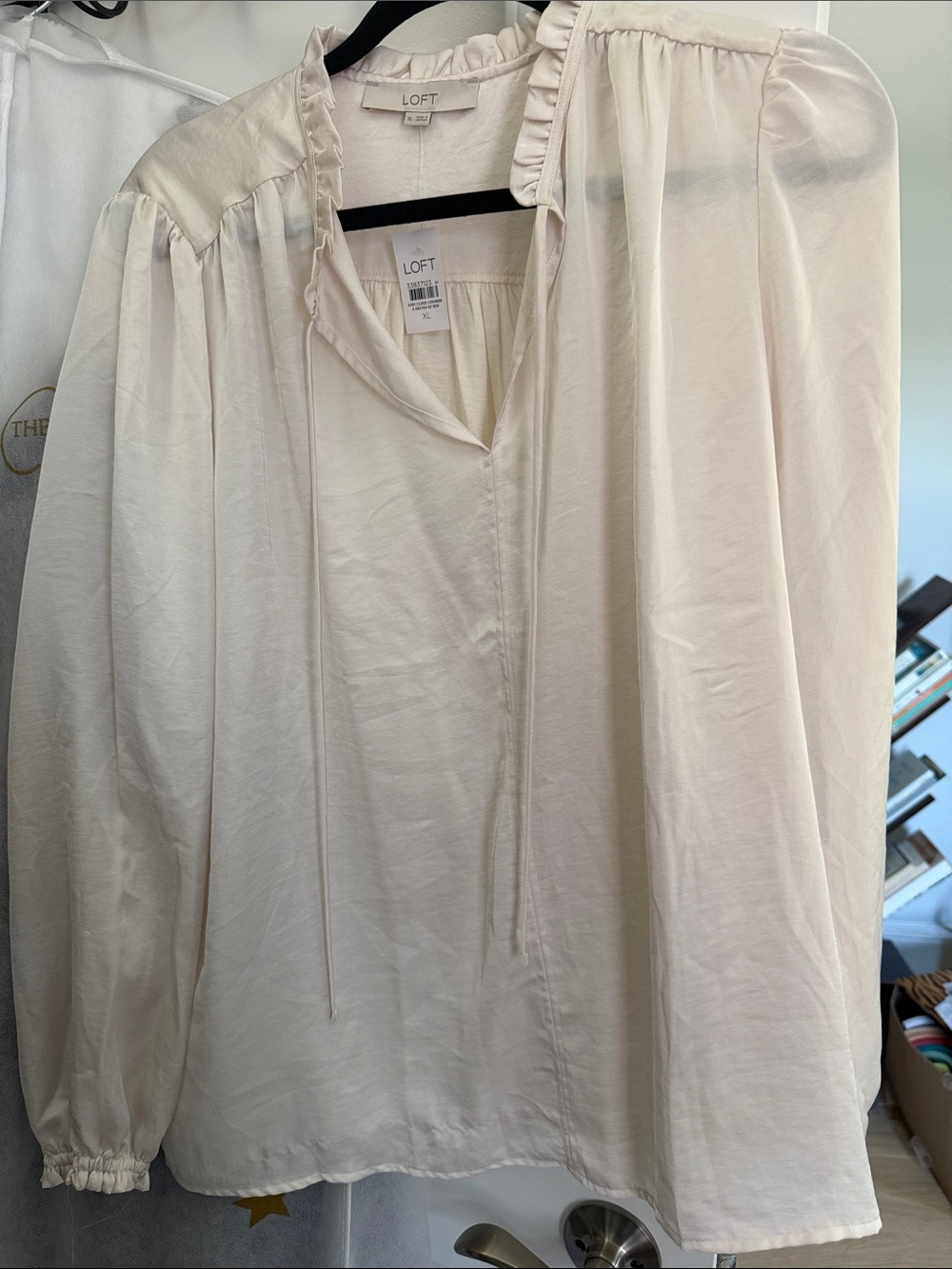 LOFT Ivory Ruffled Tie-Neck Peasant Blouse